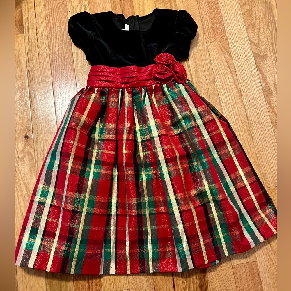 Bonnie Jean Velvet and Plaid Dress with Floral Accent